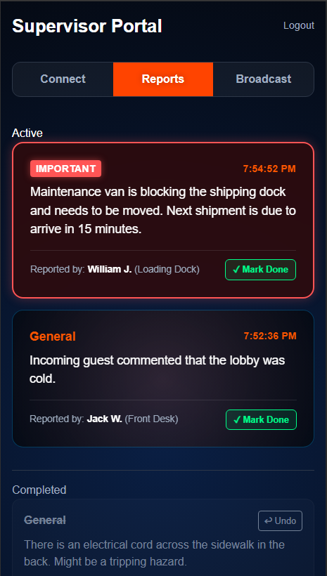 Receive Reports App Screen